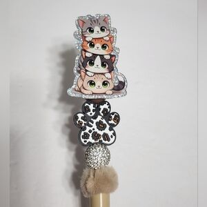 Cat Mom‎ Beaded Pen Paw Print Rhinestone Accents  Beige Pom Pom Black Ink Gift